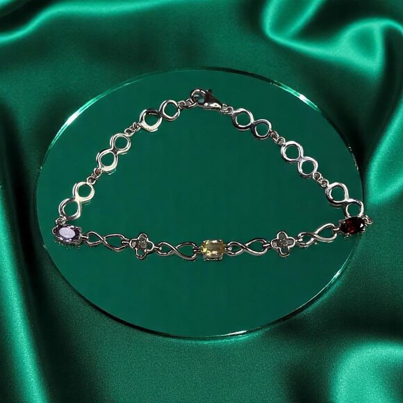 Sterling Silver 925 Bracelet With 3 Multi-Color Gemstones & Infinity Link Design - Picture 1 of 10